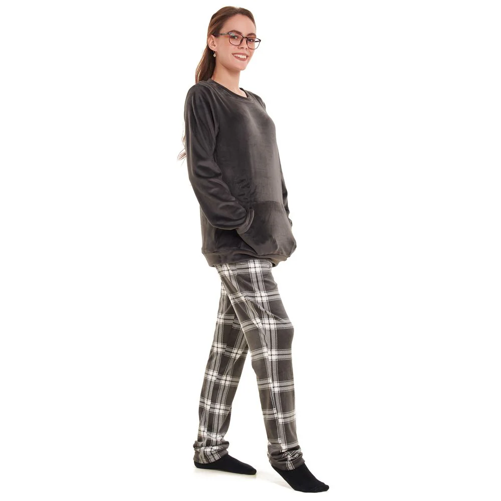 Women Winter Pajama Set Dark grey Sweatshirt +Grey checkered Pants - Image 2