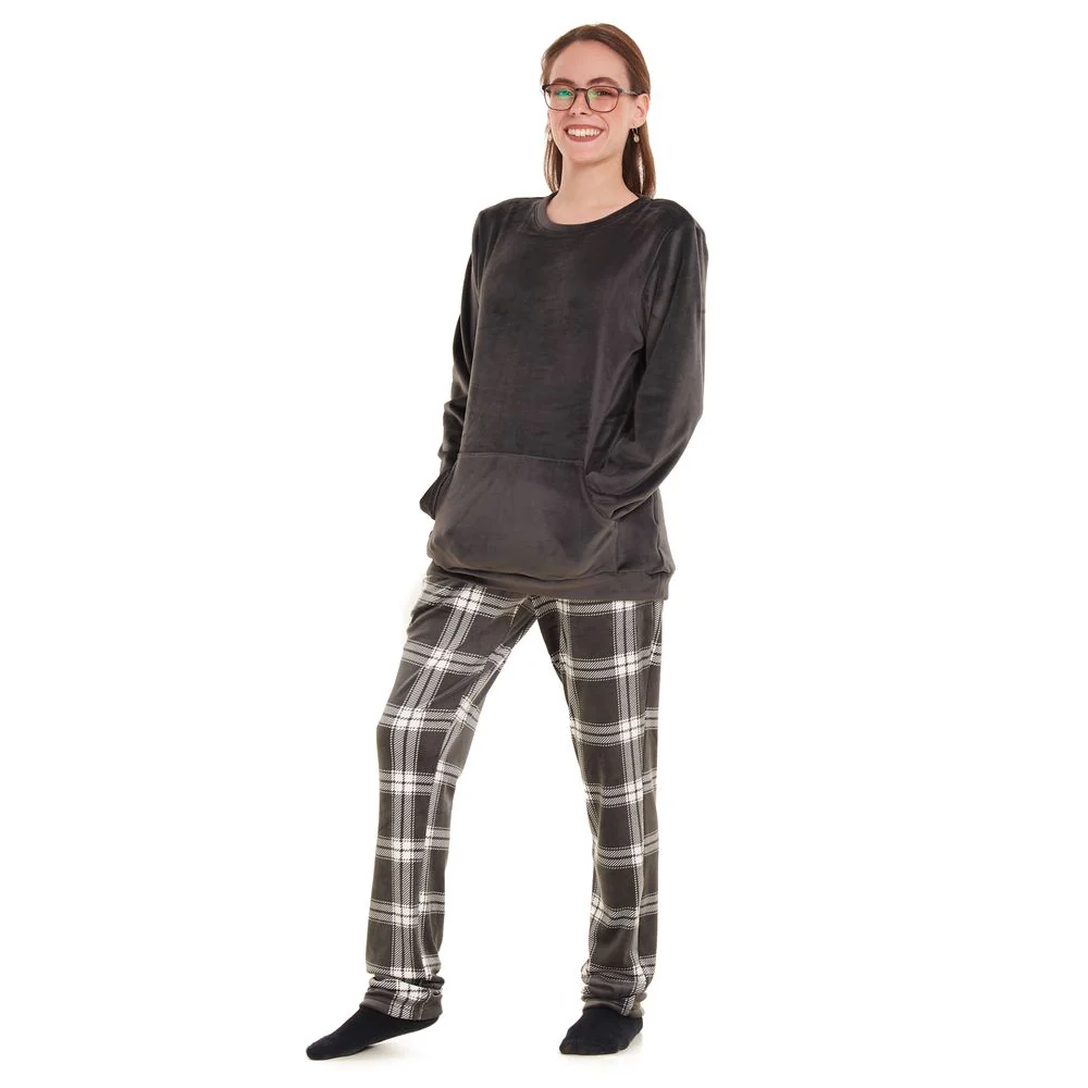 Women Winter Pajama Set Dark grey Sweatshirt +Grey checkered Pants - Image 3