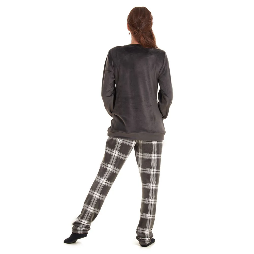 Women Winter Pajama Set Dark grey Sweatshirt +Grey checkered Pants - Image 4