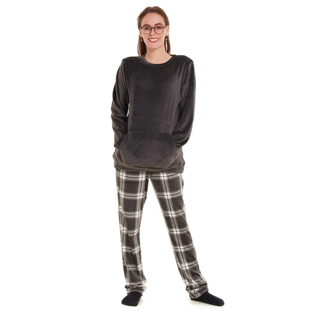 Women Winter Pajama Set Dark grey Sweatshirt +Grey checkered Pants - Image 5