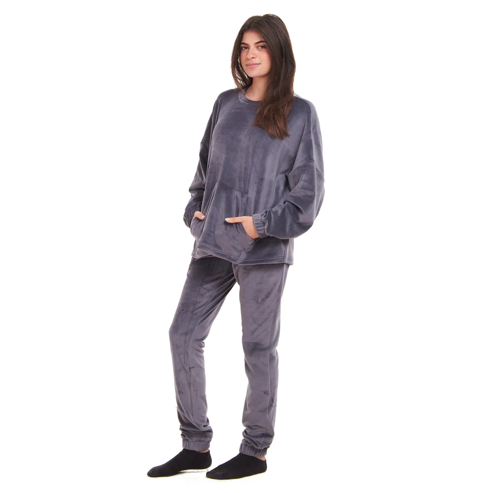 Women Winter Pajama Set Dark Grey Sweatshirt + Pants - Image 2