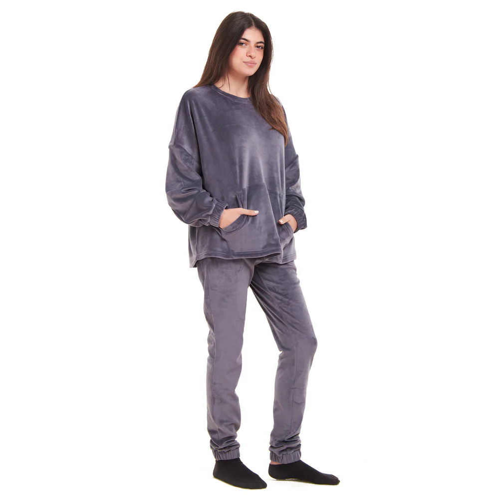 Women Winter Pajama Set Dark Grey Sweatshirt + Pants - Image 3