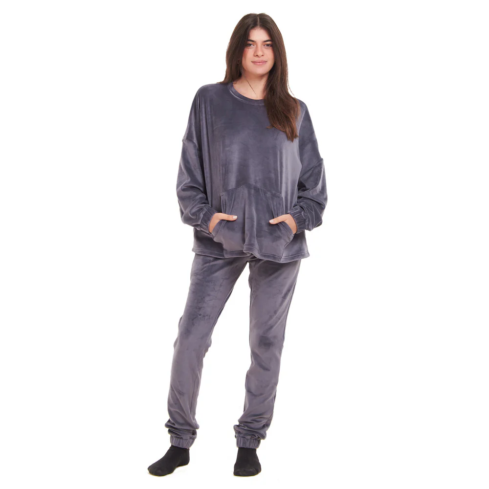 Women Winter Pajama Set Dark Grey Sweatshirt + Pants - Image 5