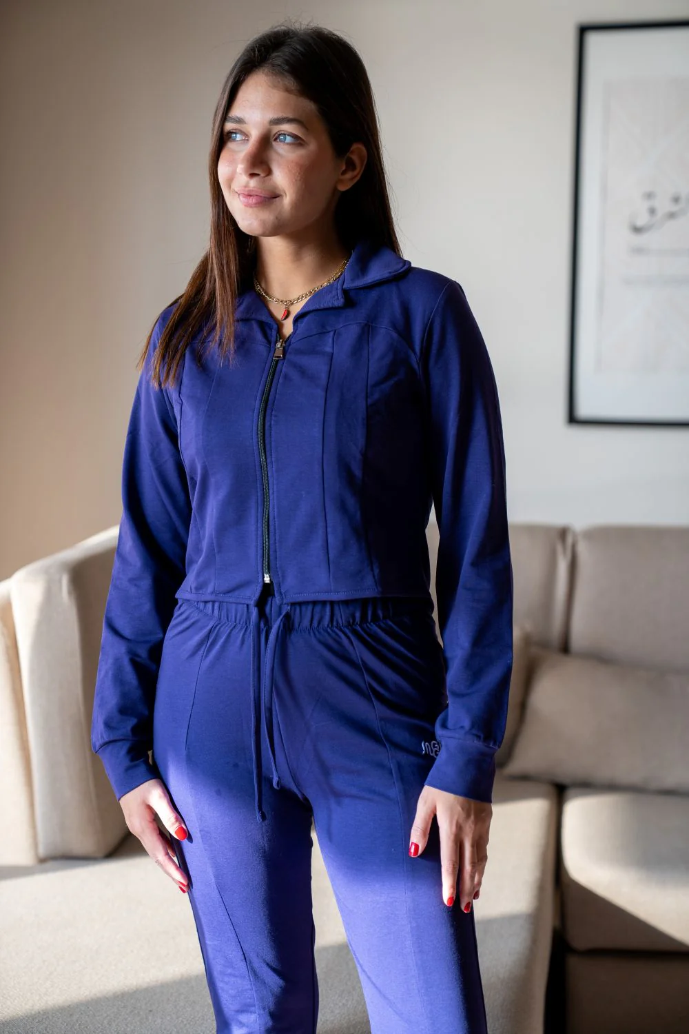 Women Winter Pajama Set Dark Purple cropped Sweatshirt + Pants - Image 3