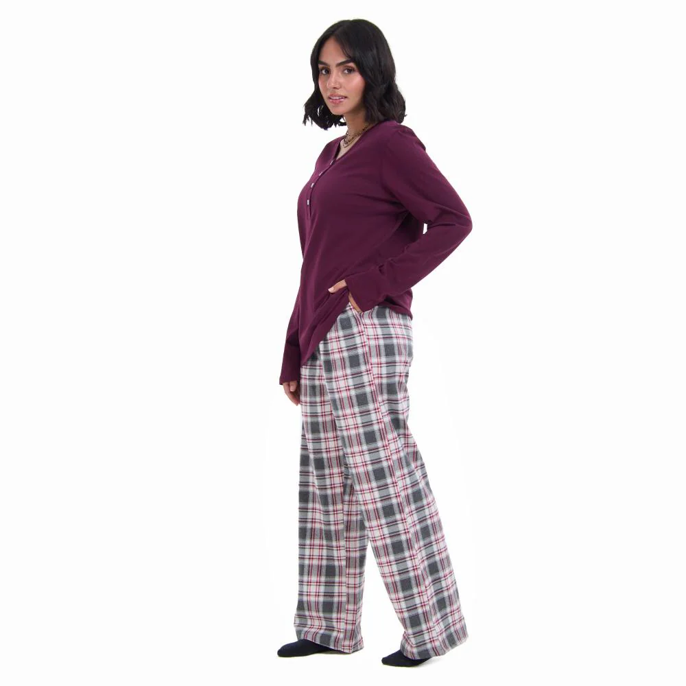 Women Fall Pajama Set Dark Red buttoned sweatshirt + Dark red x Grey checkered pants - Image 2