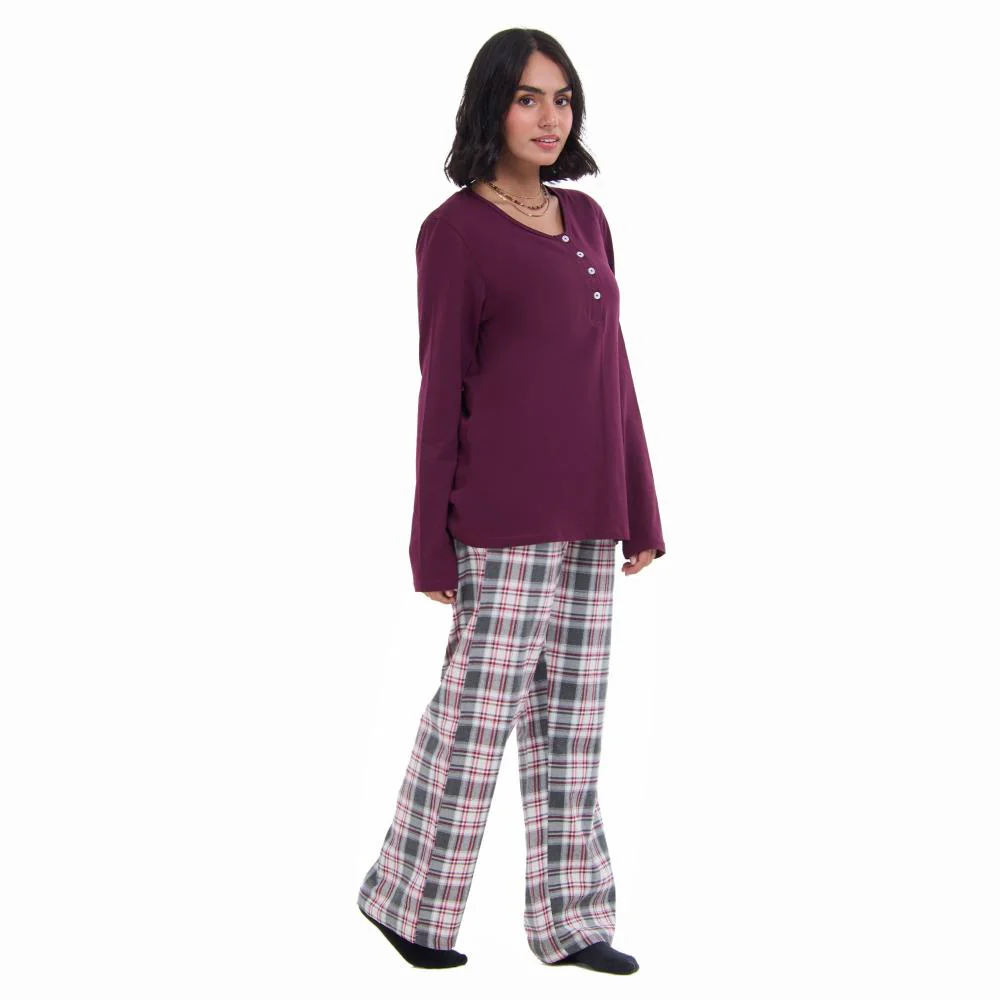 Women Fall Pajama Set Dark Red buttoned sweatshirt + Dark red x Grey checkered pants - Image 3
