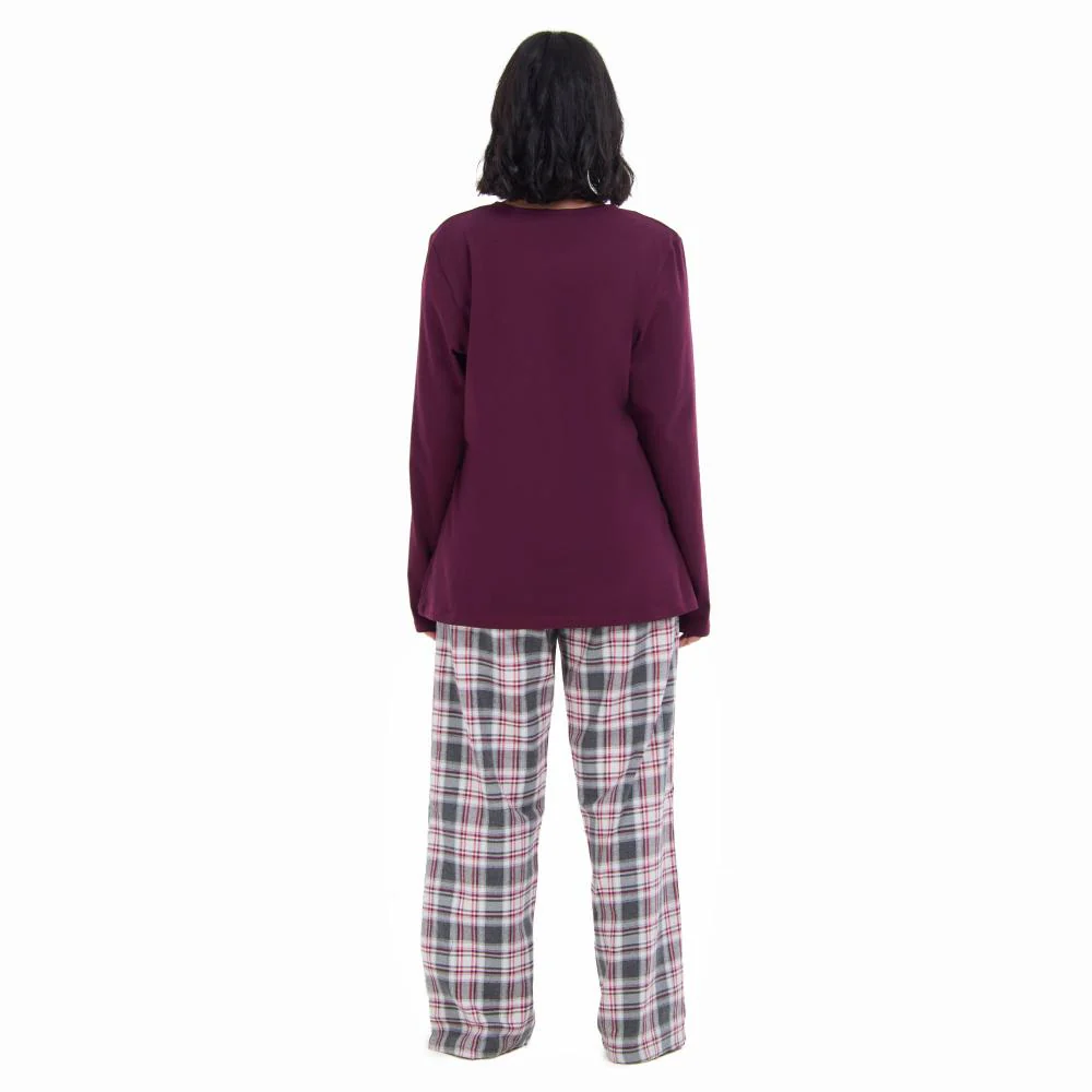 Women Fall Pajama Set Dark Red buttoned sweatshirt + Dark red x Grey checkered pants - Image 4
