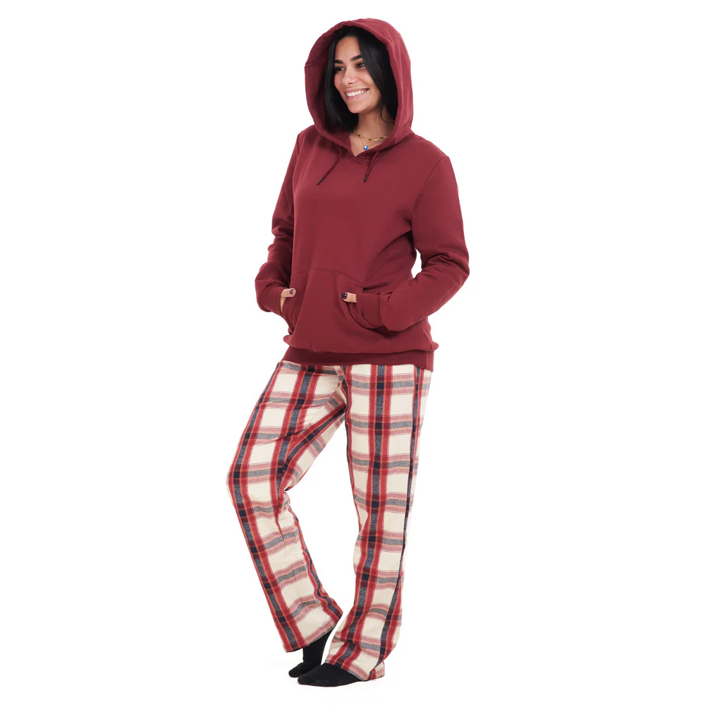 Women Winter Pajama Set Dark Red Hoodie + Dark Red x White Checkered Pants - Image 2
