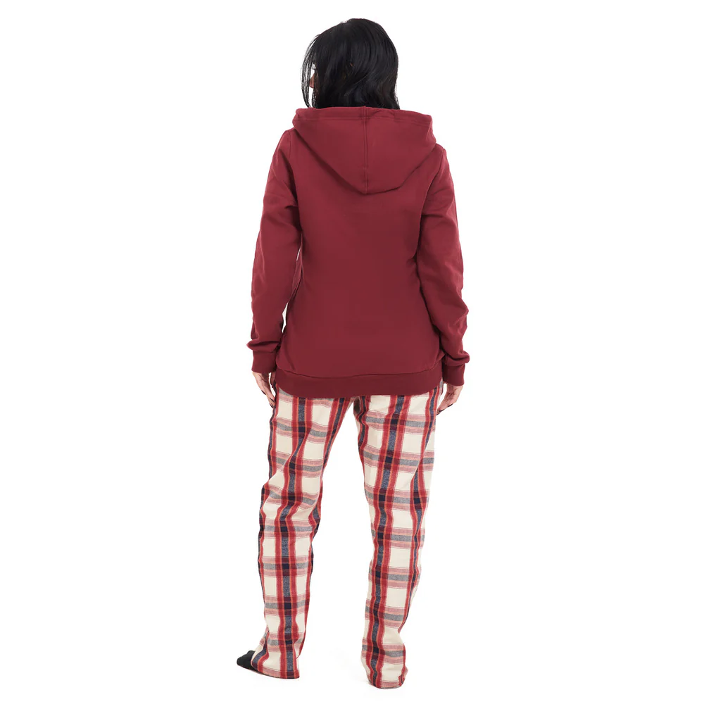 Women Winter Pajama Set Dark Red Hoodie + Dark Red x White Checkered Pants - Image 3