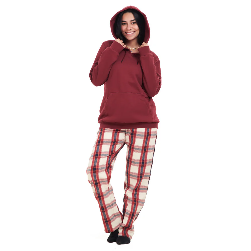 Women Winter Pajama Set Dark Red Hoodie + Dark Red x White Checkered Pants - Image 4