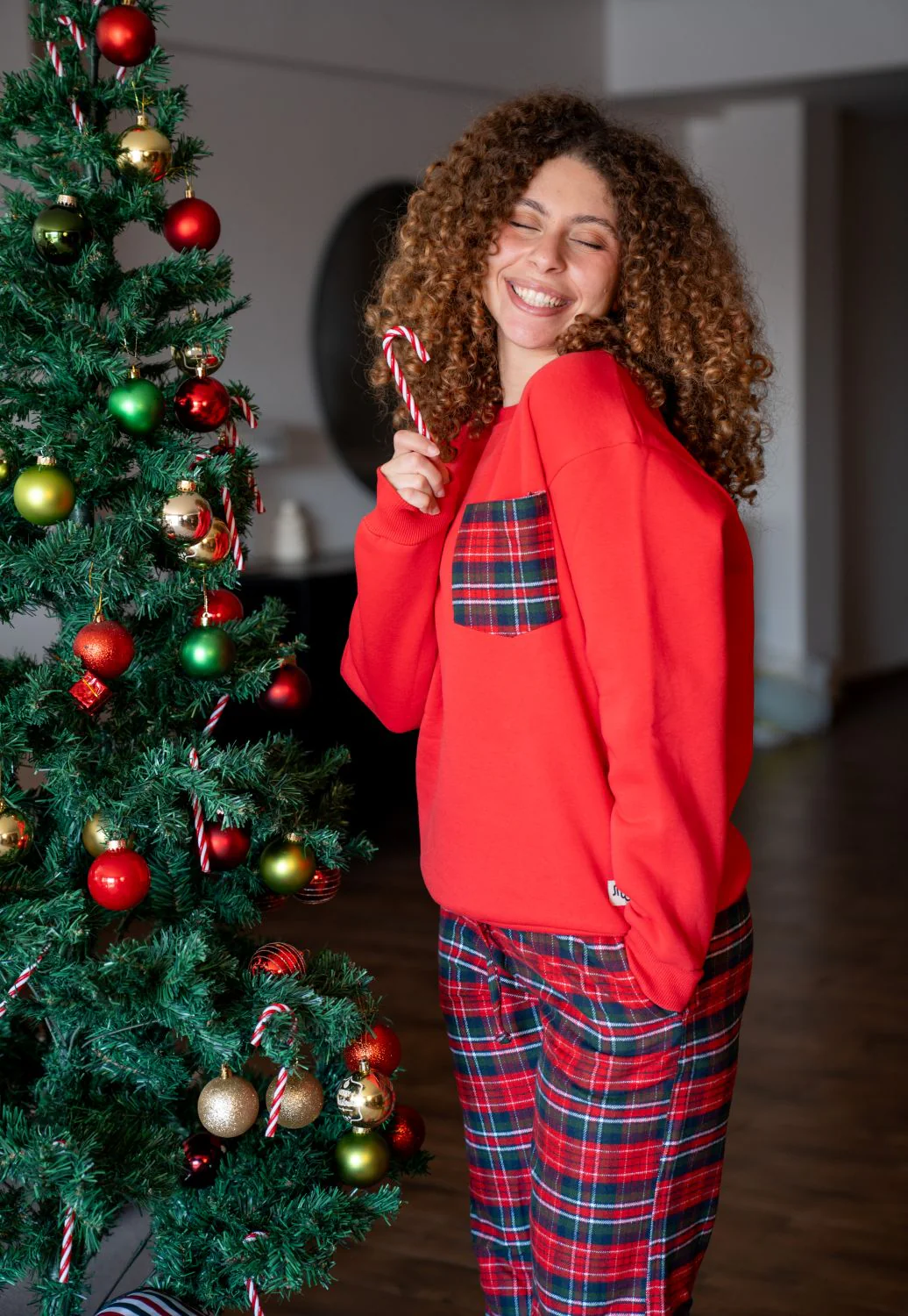 Women Winter Pajama Set Dark Red Top+ Red X Green Plaid Pants - Image 2