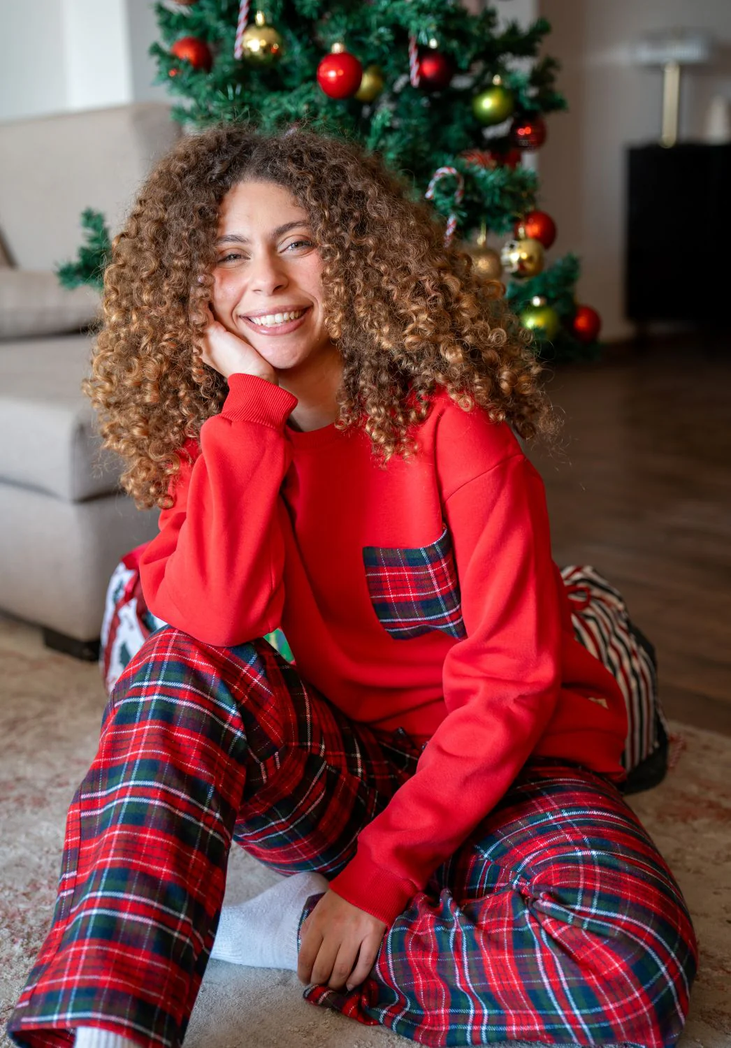 Women Winter Pajama Set Dark Red Top+ Red X Green Plaid Pants - Image 3