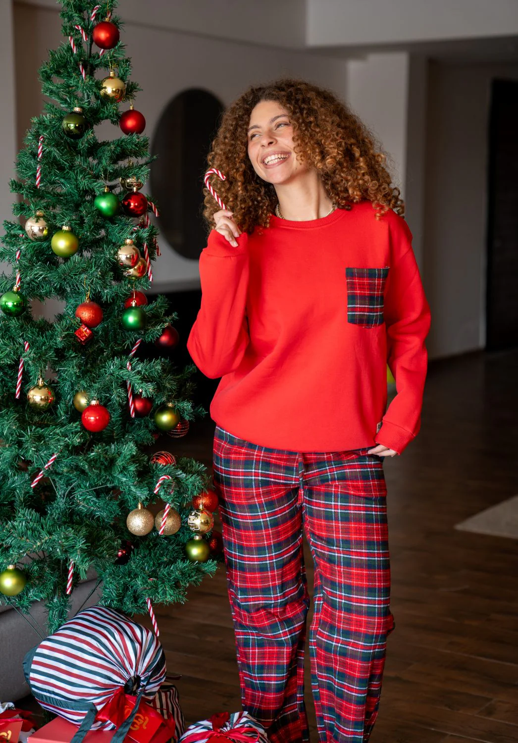 Women Winter Pajama Set Dark Red Top+ Red X Green Plaid Pants - Image 4