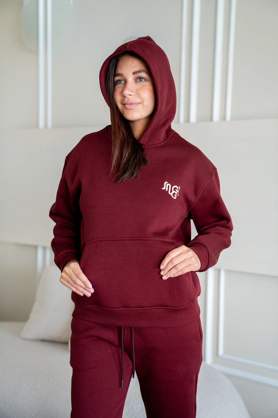 Women Winter Pajama Set Dark Red Hoodie + Pants - Image 2