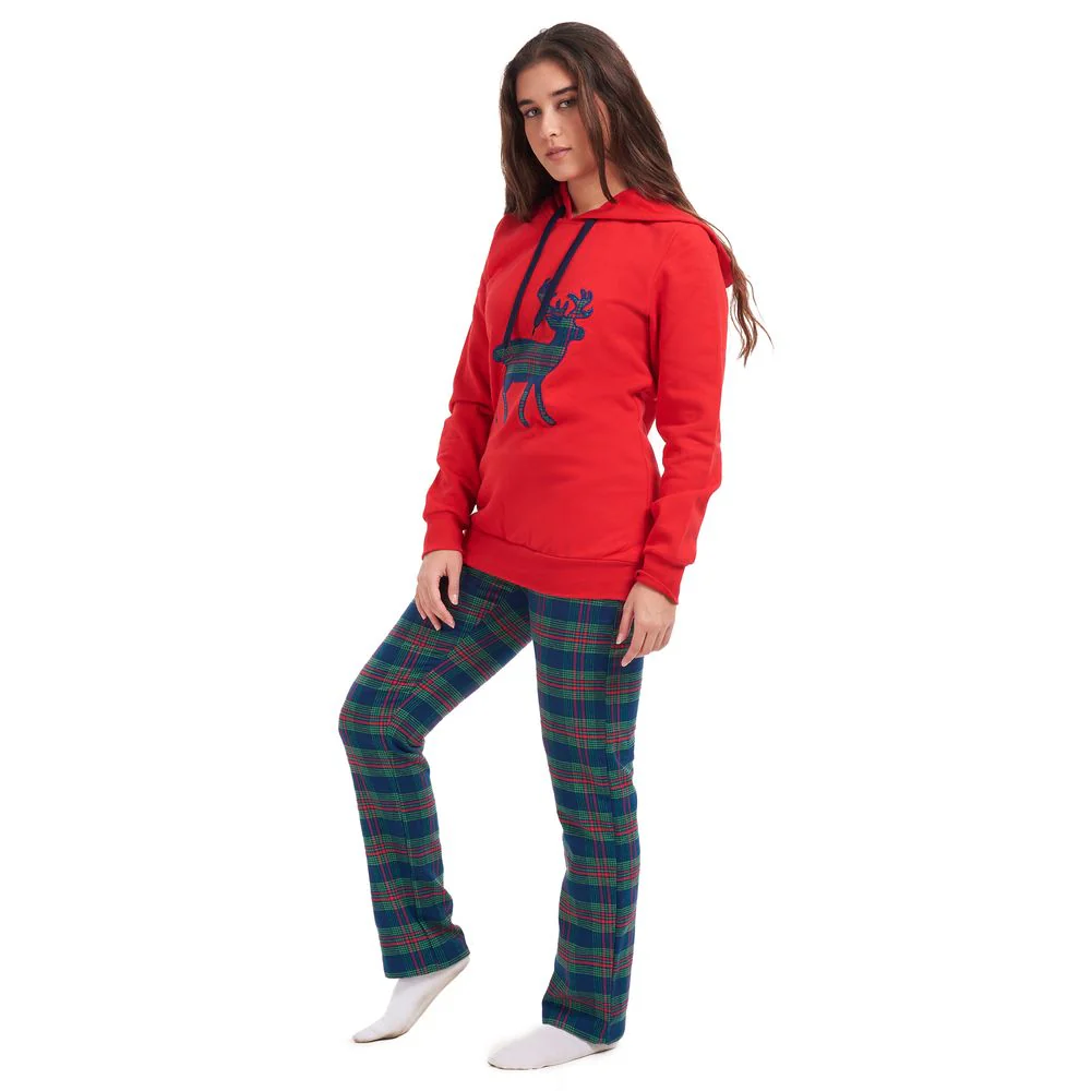 Women Winter Pajama Set Deer Sweatshirt + Maroon Checkered Pants - Image 2