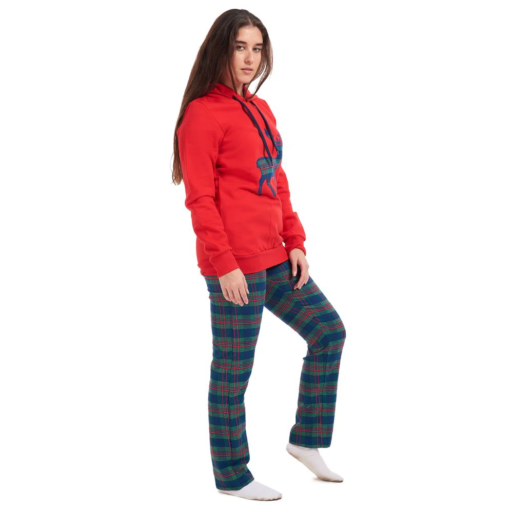 Women Winter Pajama Set Deer Sweatshirt + Maroon Checkered Pants - Image 3
