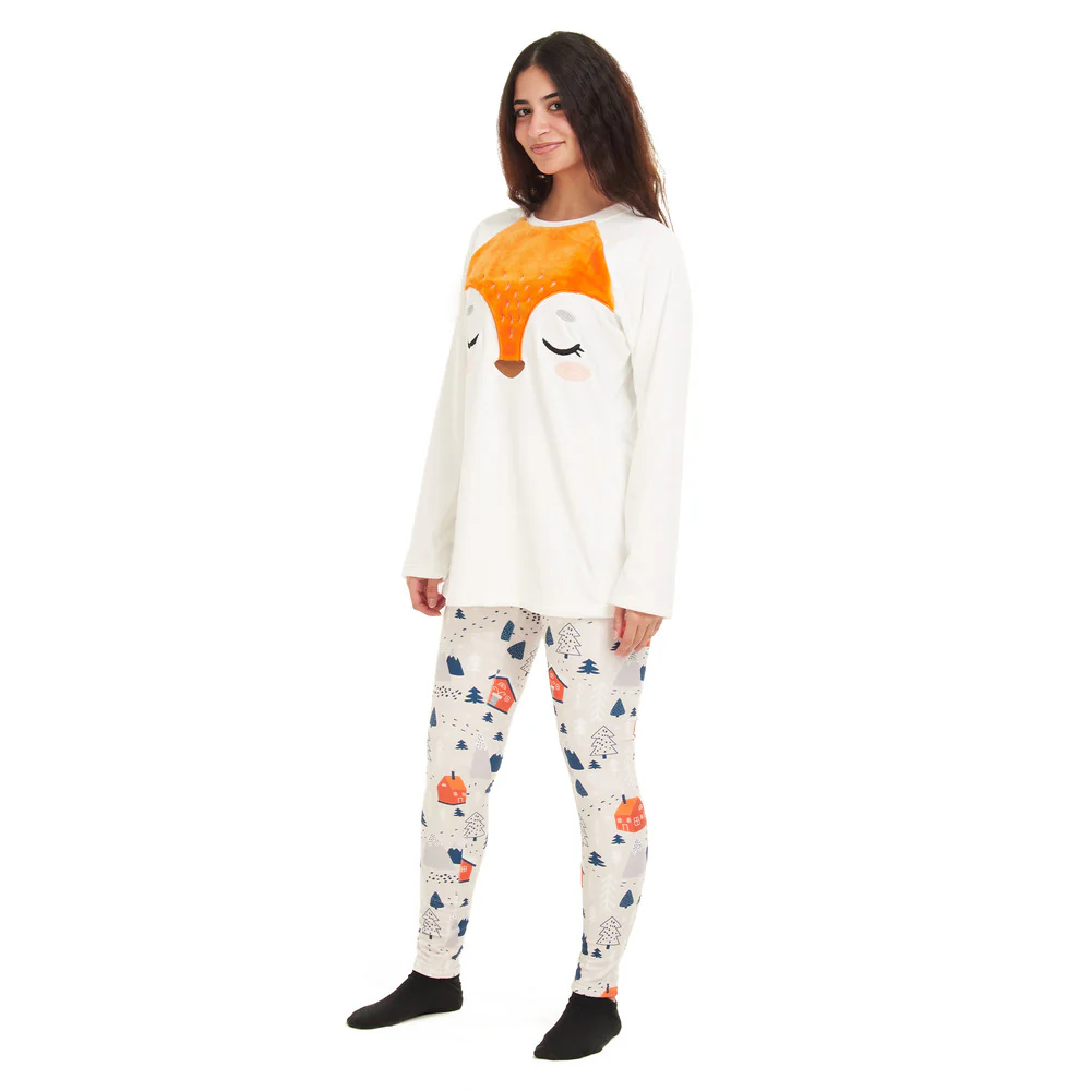 Women Winter Pajama Set Fox Off-white sweatshirt + Leggings - Image 2