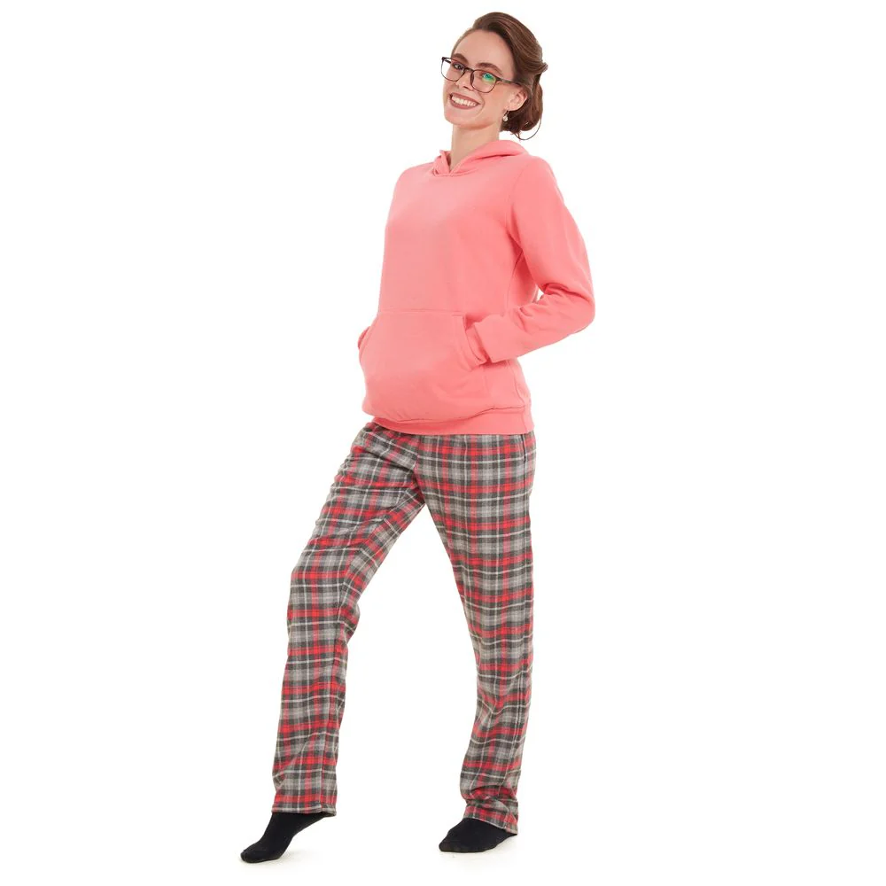 Women Winter Pajama Set Fuchsia Sweatshirt + Fuchsia checkered Pants - Image 2