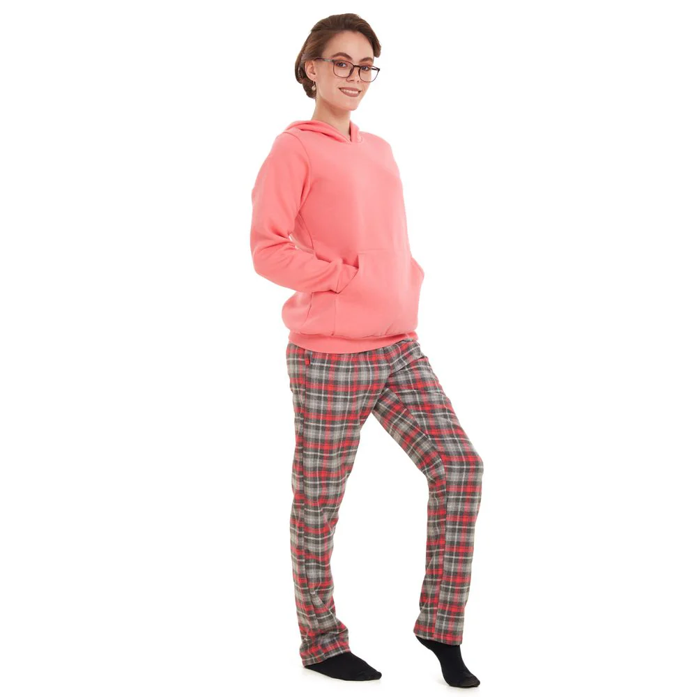Women Winter Pajama Set Fuchsia Sweatshirt + Fuchsia checkered Pants - Image 3