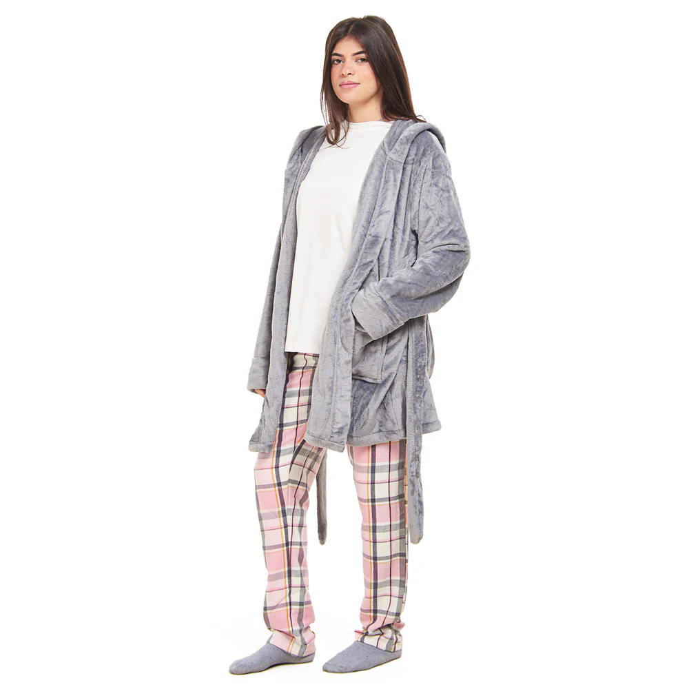 Women Winter Pajama Set  Grey Robe + Pink x Dark Grey Checkered Pants - Image 2