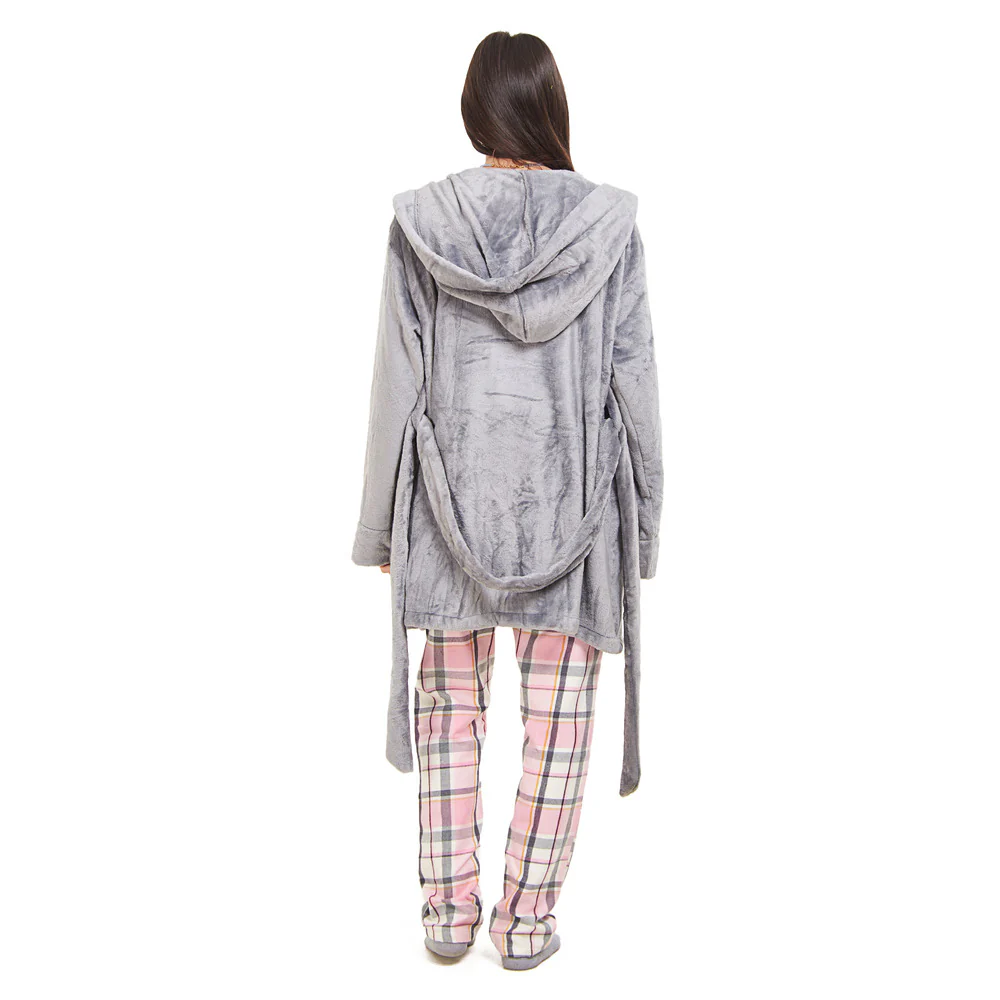 Women Winter Pajama Set  Grey Robe + Pink x Dark Grey Checkered Pants - Image 3