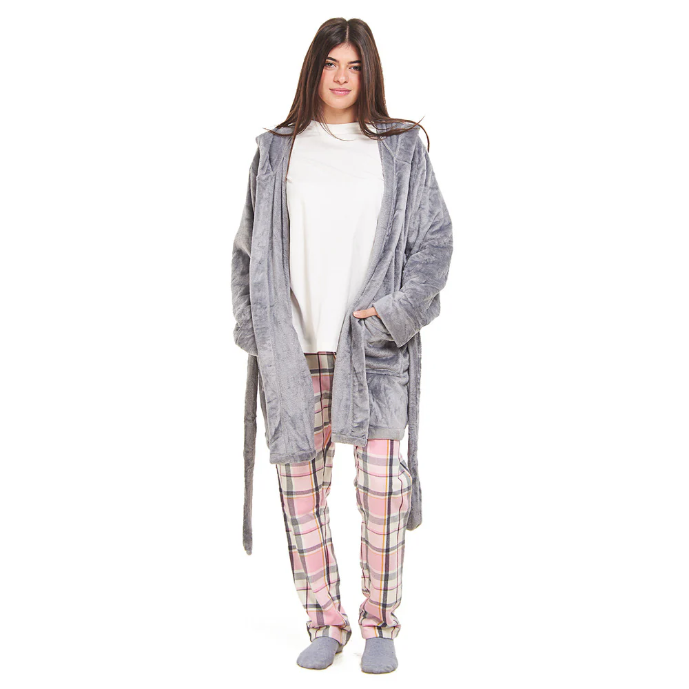 Women Winter Pajama Set  Grey Robe + Pink x Dark Grey Checkered Pants - Image 4