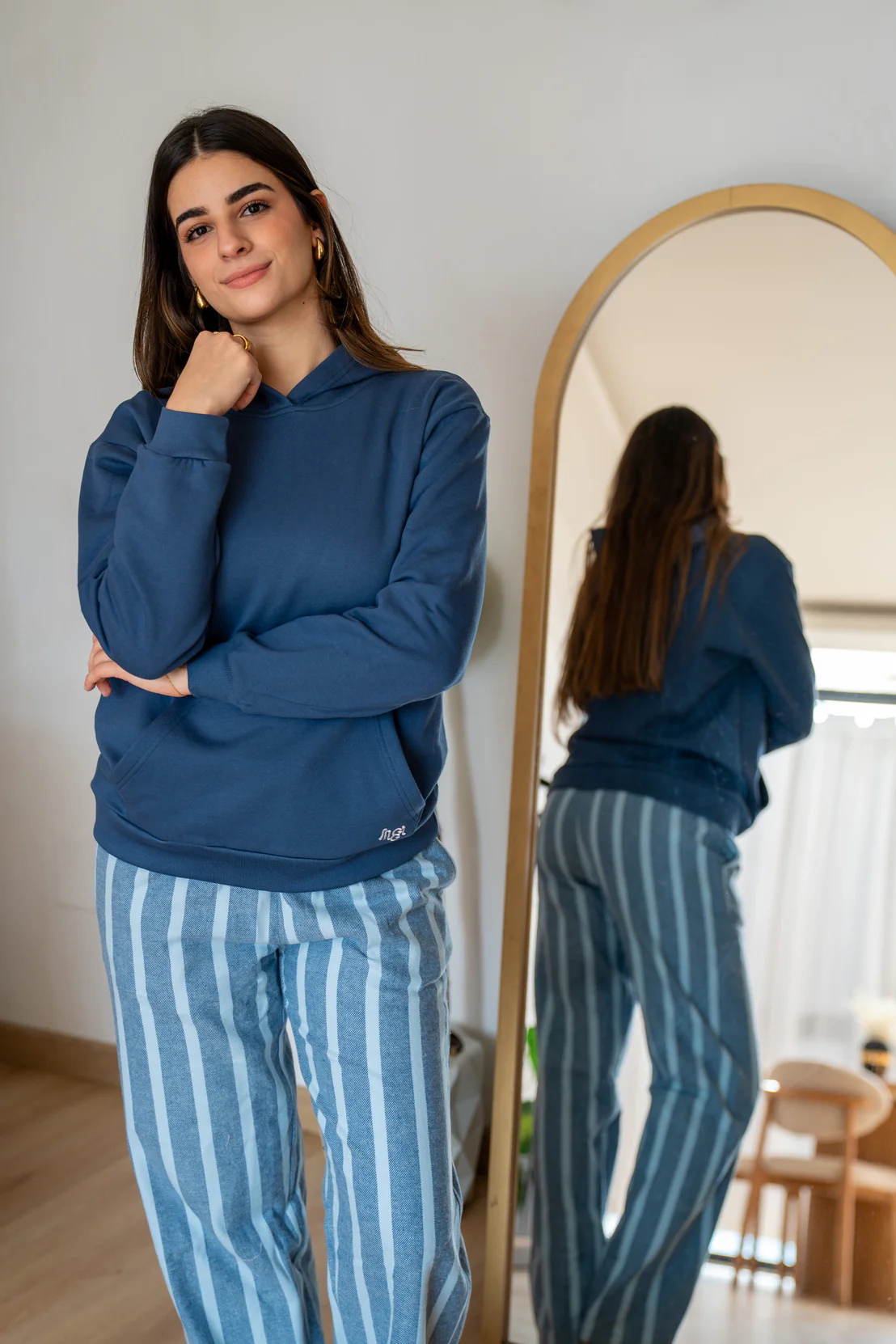Women Winter Pajama Set Indigo Hoodie + Navy X Light Blue Striped Pants - Image 2