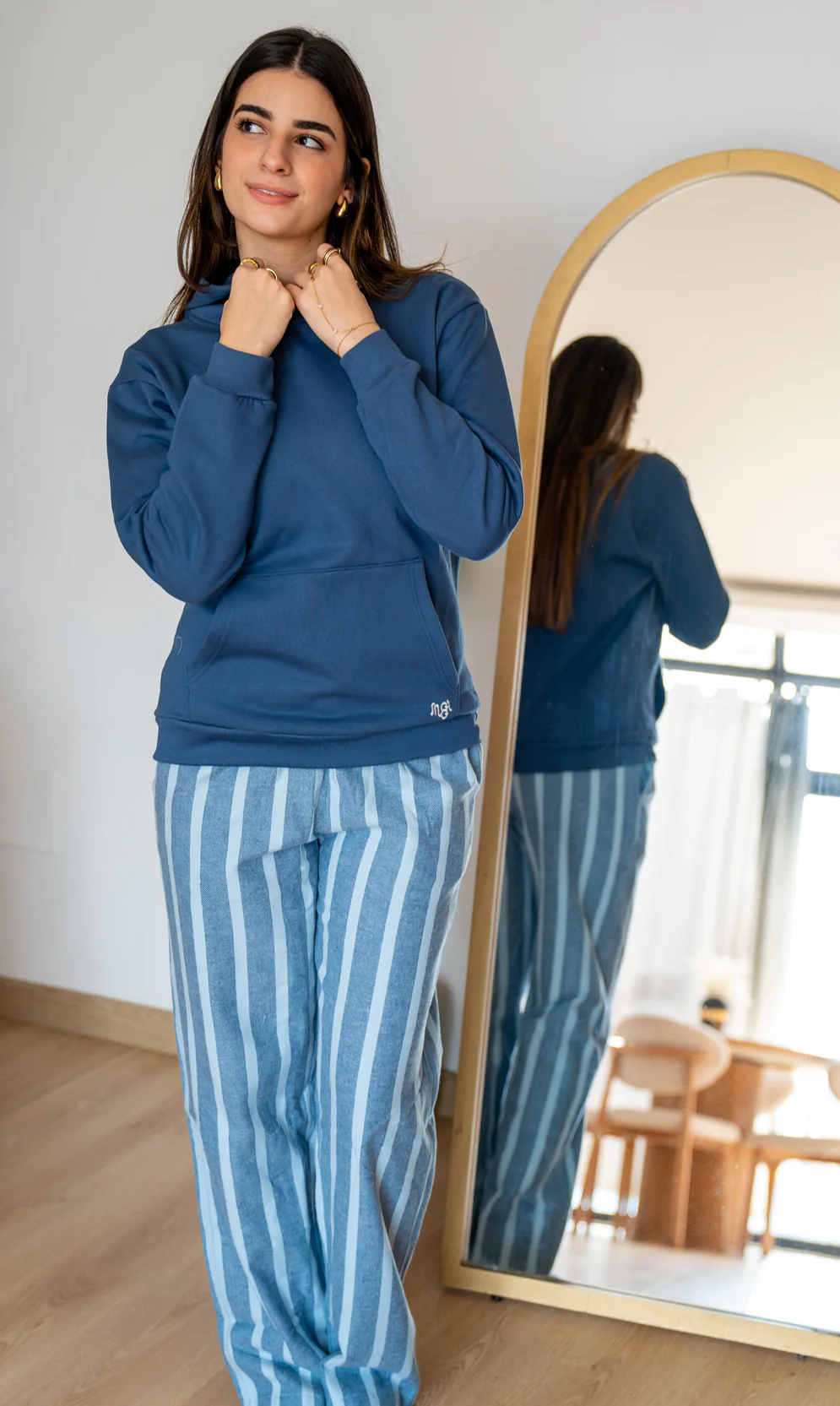 Women Winter Pajama Set Indigo Hoodie + Navy X Light Blue Striped Pants - Image 3