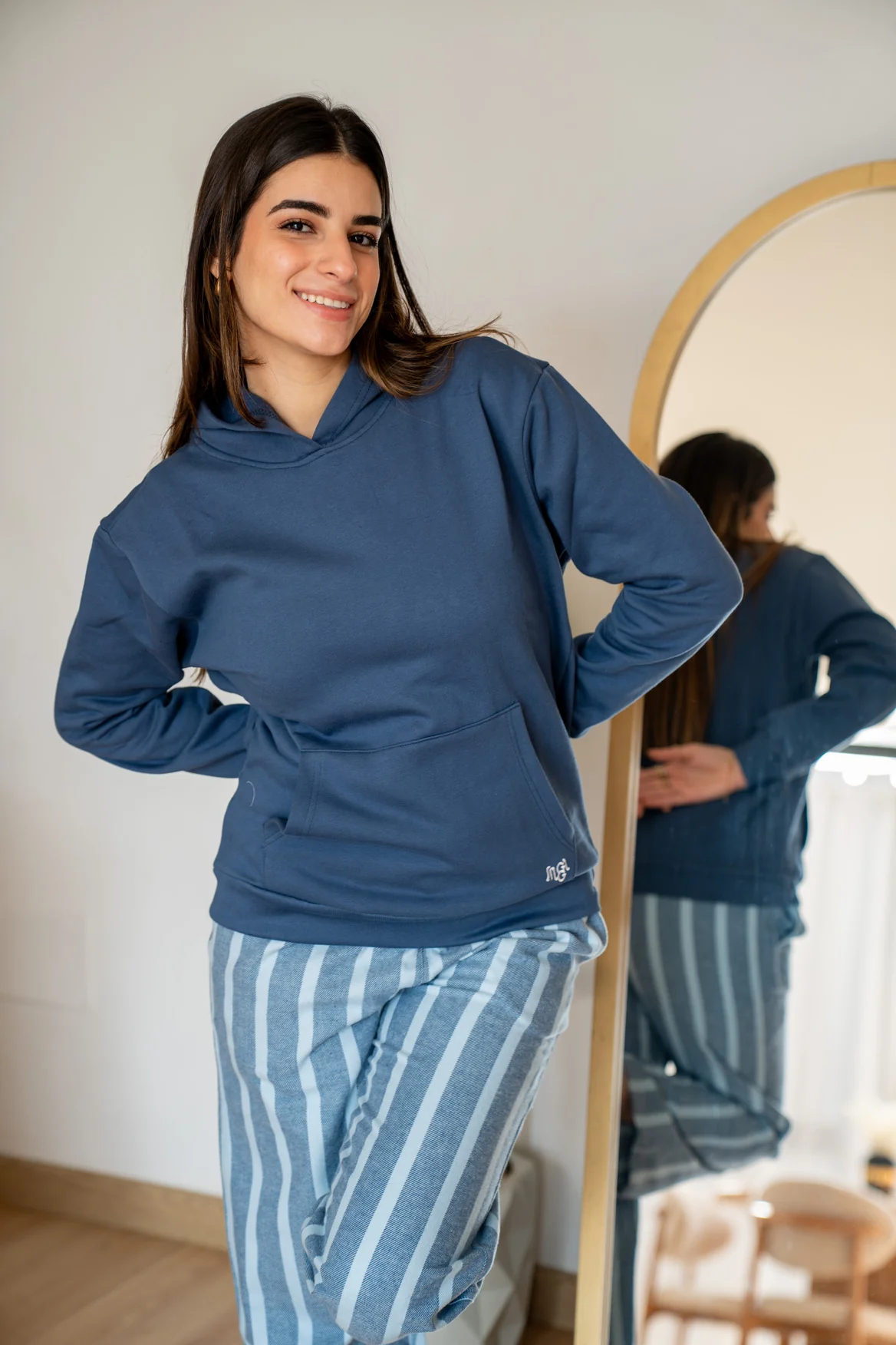 Women Winter Pajama Set Indigo Hoodie + Navy X Light Blue Striped Pants - Image 4
