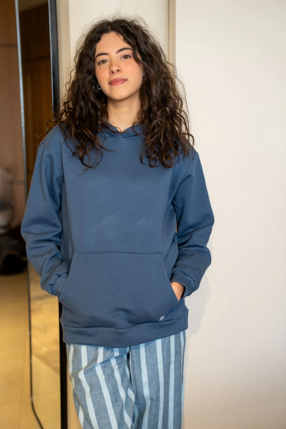 Women Winter Pajama Set Indigo Hoodie + Navy X Light Blue Striped Pants - Image 5