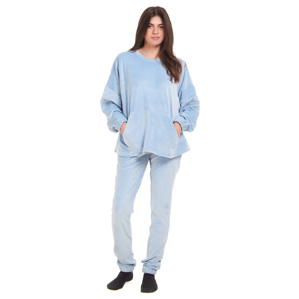 Women Winter Pajama Set Light Blue Sweatshirt + Pants - Image 2