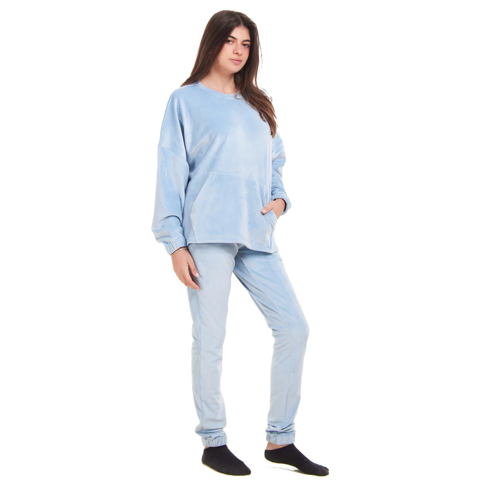 Women Winter Pajama Set Light Blue Sweatshirt + Pants - Image 4