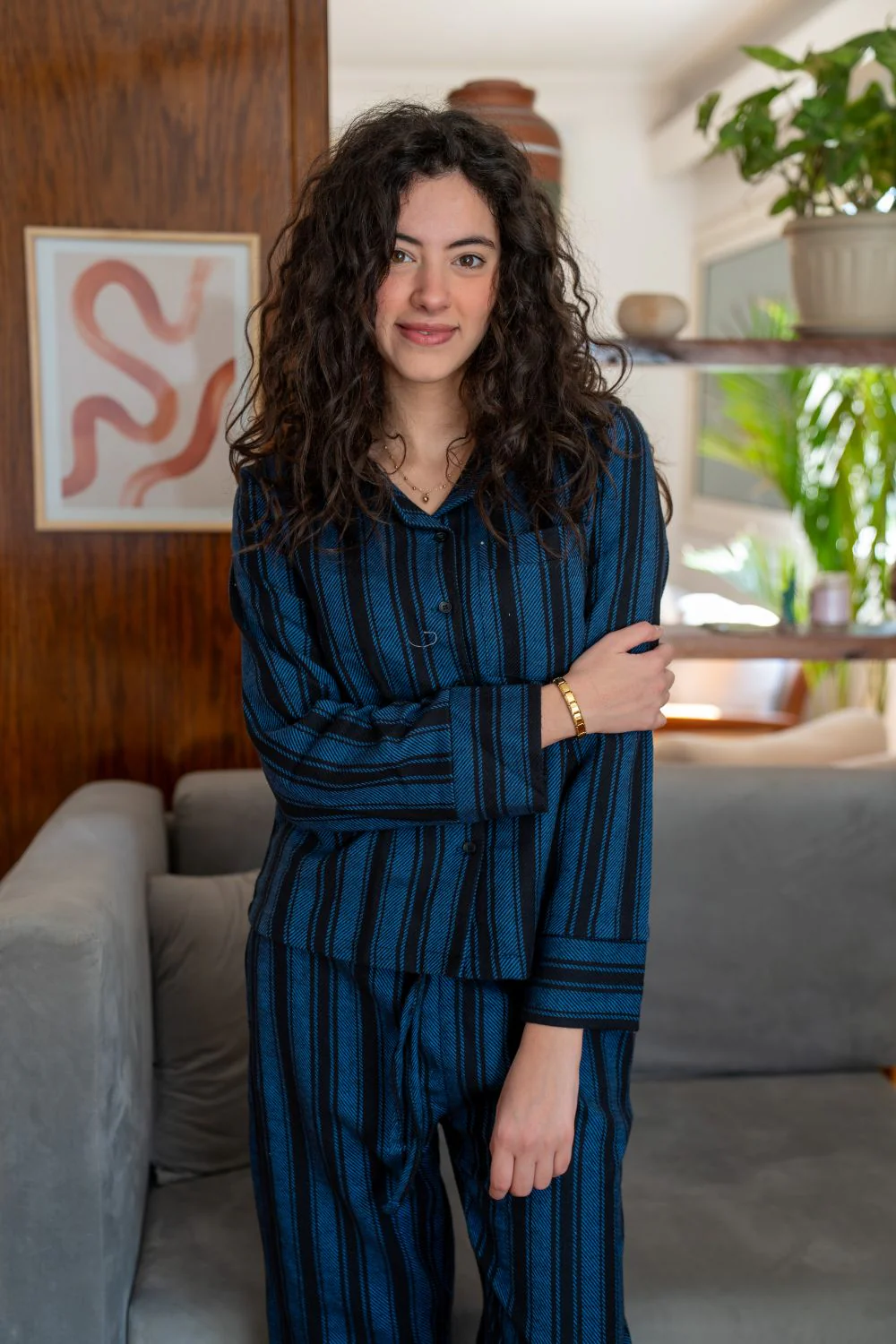 Women Winter Pajama Set Light Blue X Black Striped buttoned sweatshirt + pants - Image 3