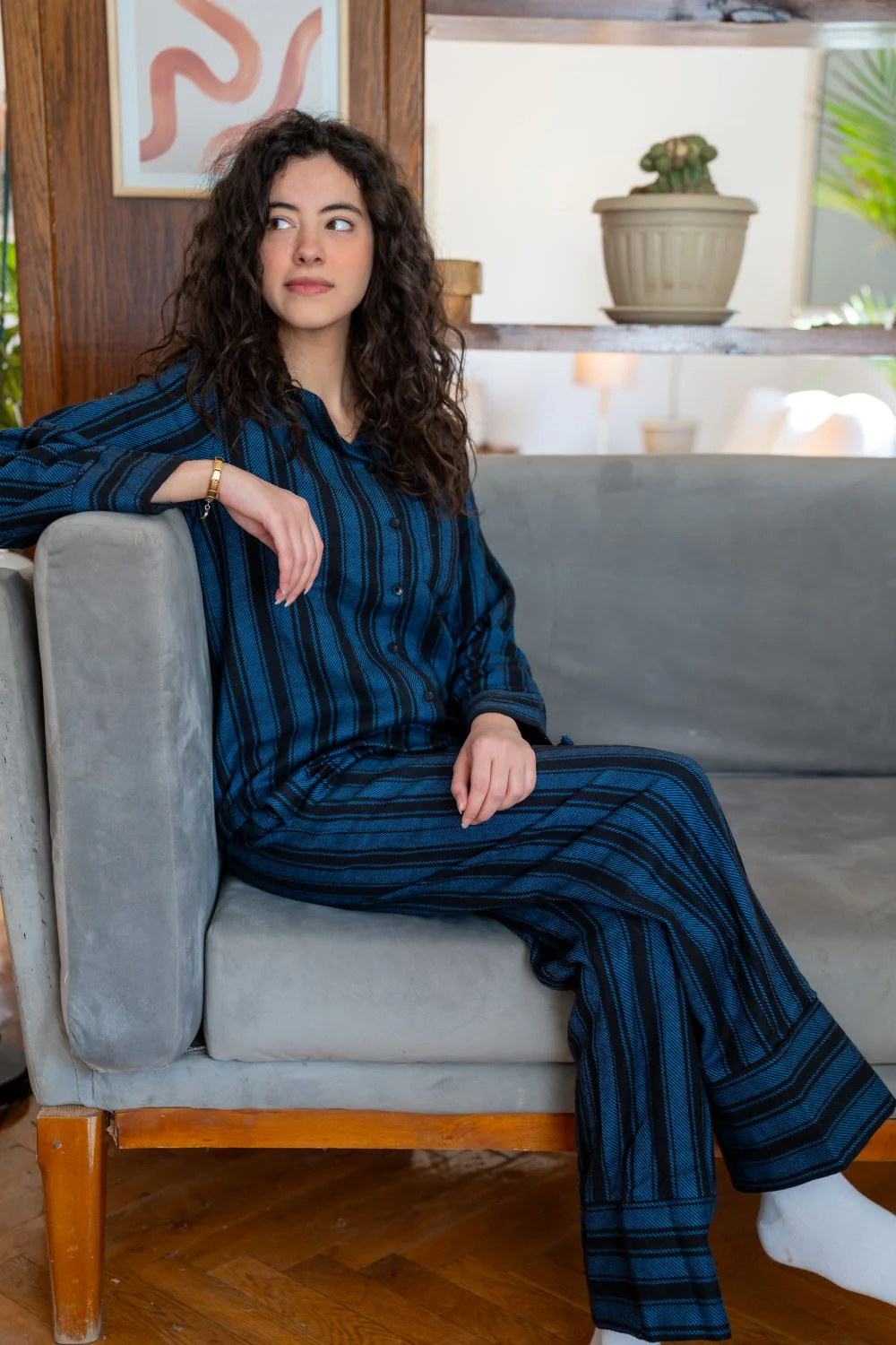 Women Winter Pajama Set Light Blue X Black Striped buttoned sweatshirt + pants - Image 4