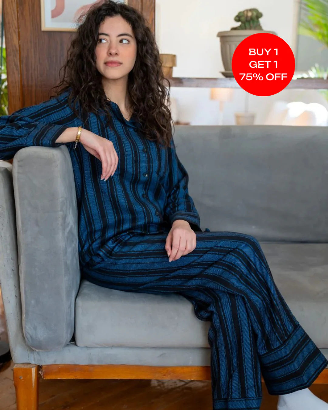 Women Winter Pajama Set Light Blue X Black Striped buttoned sweatshirt + pants - Image 5