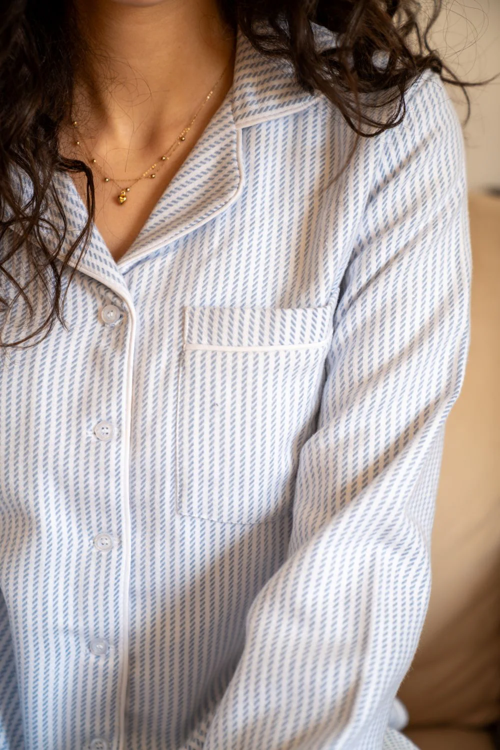Women Winter Pajama Set Light Blue X White Striped  buttoned sweatshirt + pants - Image 2