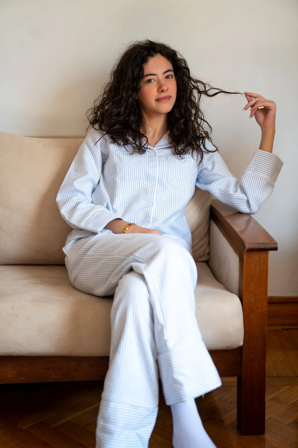 Women Winter Pajama Set Light Blue X White Striped  buttoned sweatshirt + pants - Image 3