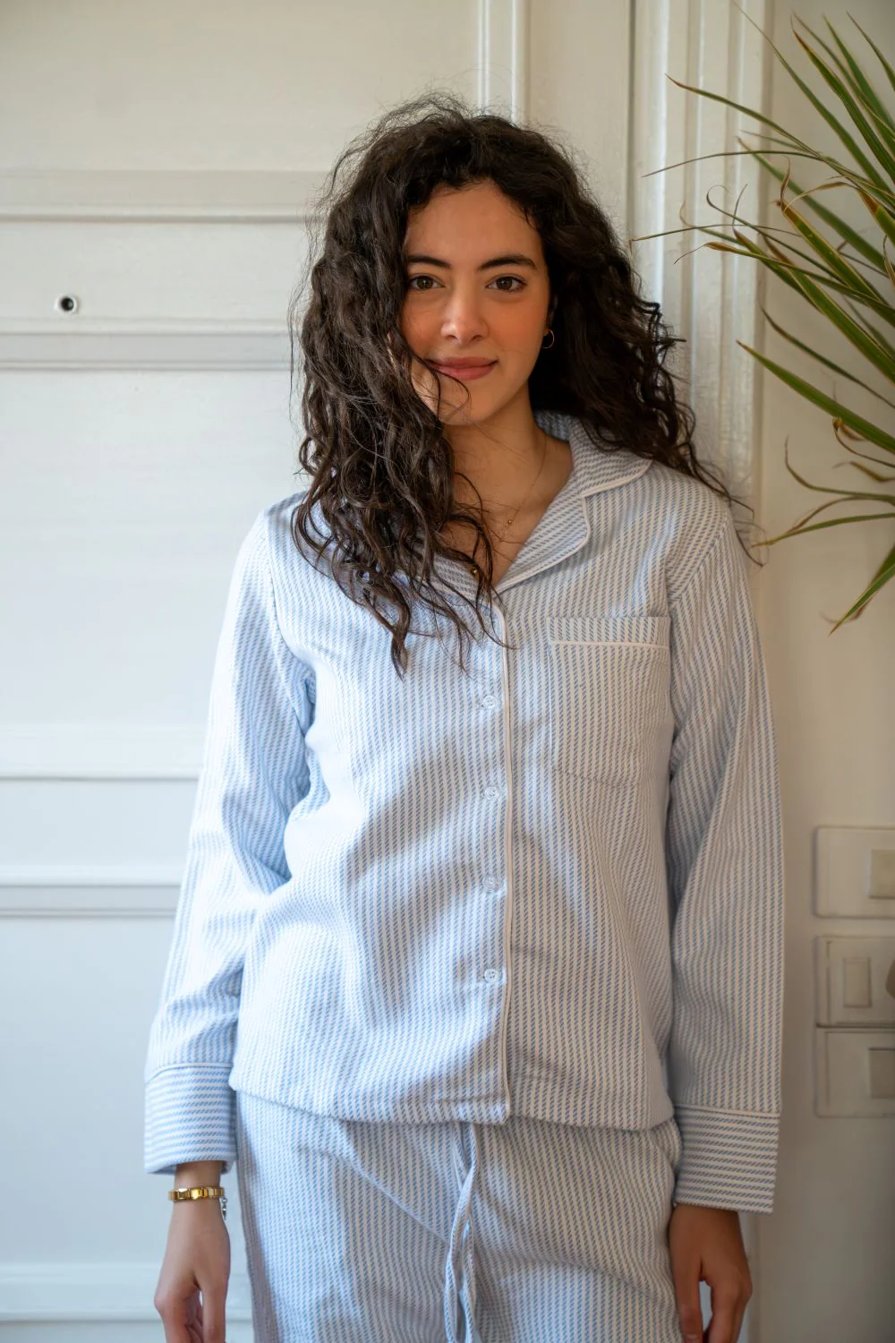 Women Winter Pajama Set Light Blue X White Striped  buttoned sweatshirt + pants - Image 5