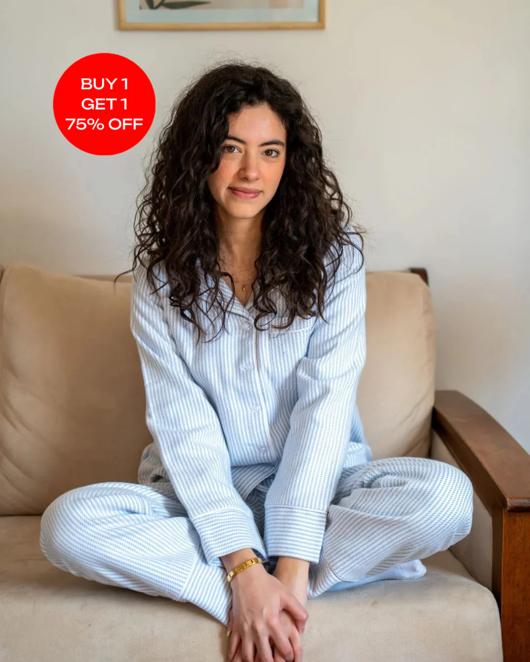 Women Winter Pajama Set Light Blue X White Striped  buttoned sweatshirt + pants - Image 6
