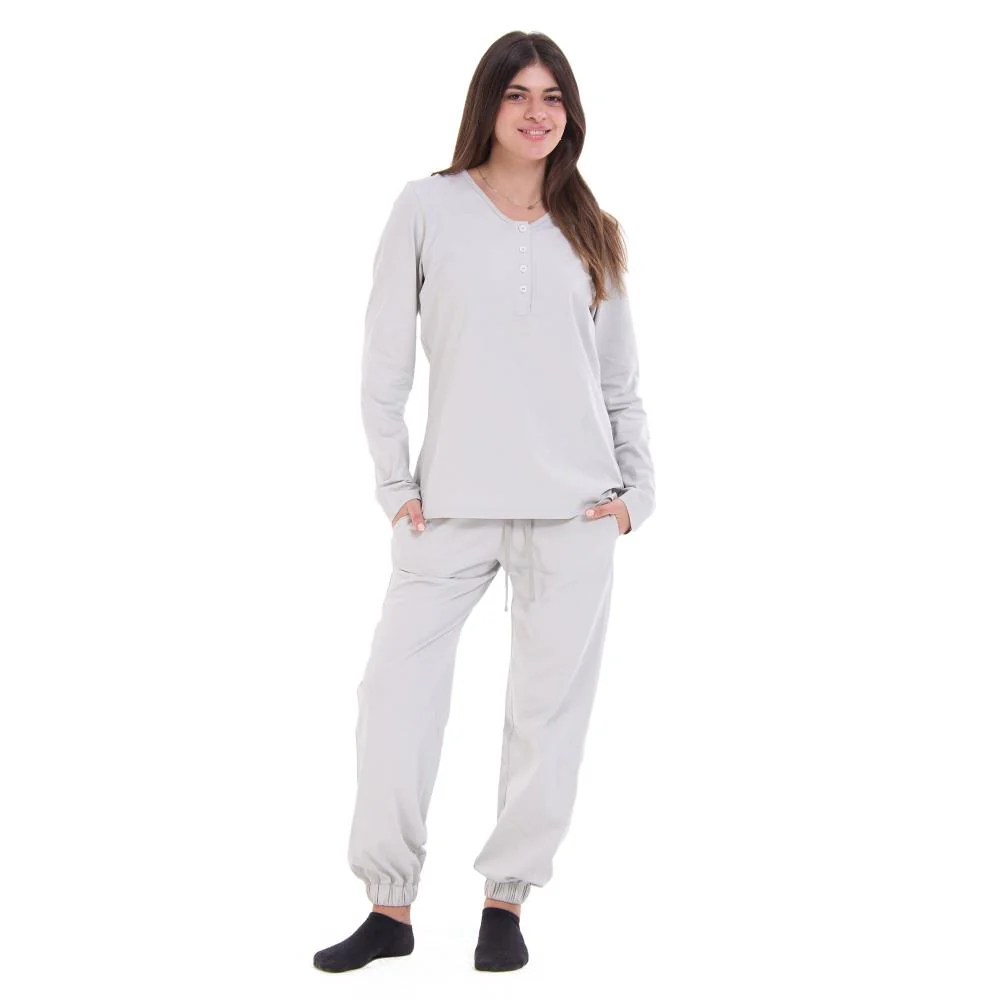 Women Spring Pajama Set Light Grey buttoned sweatshirt + pants