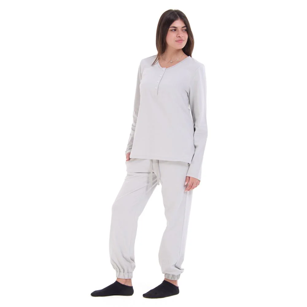 Women Spring Pajama Set Light Grey buttoned sweatshirt + pants - Image 2