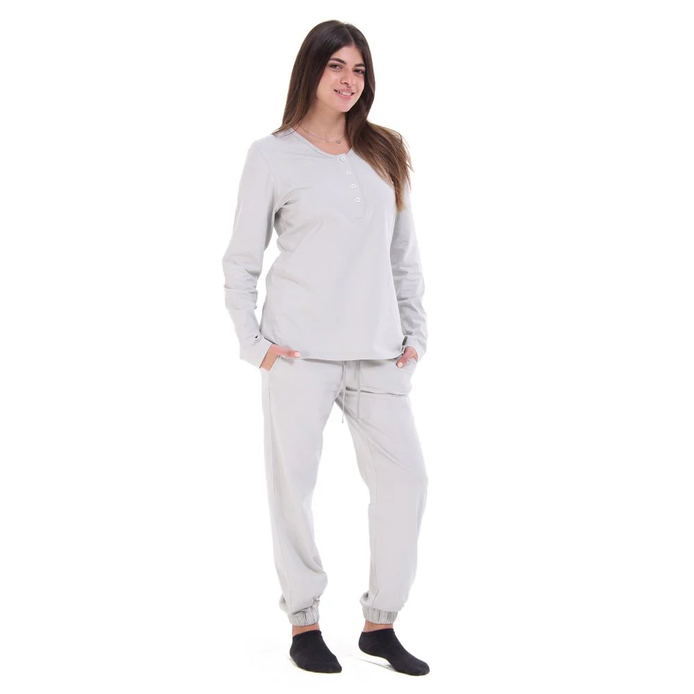 Women Spring Pajama Set Light Grey buttoned sweatshirt + pants - Image 4