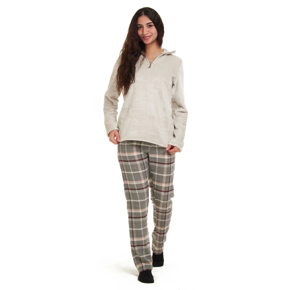 Women Winter Pajama Set Light Grey sweatshirt + Grey x Simon Checkered pants - Image 2
