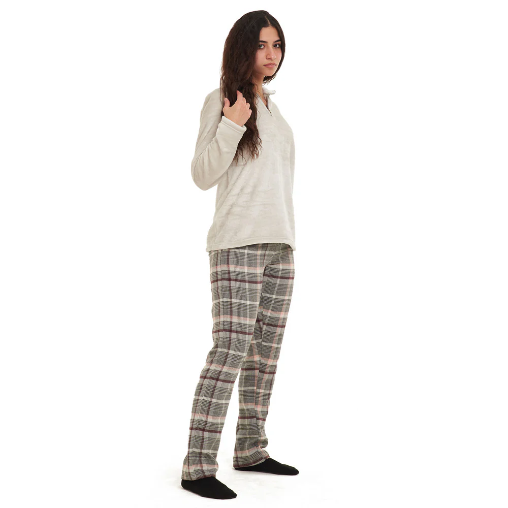 Women Winter Pajama Set Light Grey sweatshirt + Grey x Simon Checkered pants - Image 3