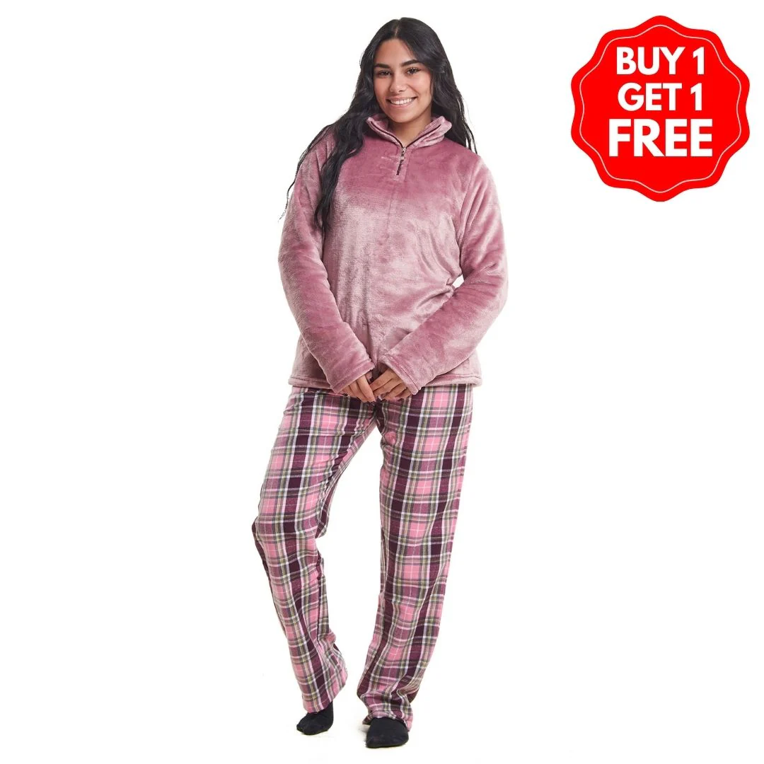 Women Winter Pajama Set Light Mauve Sweatshirt + Dark Purple x Pink Checkered Pants