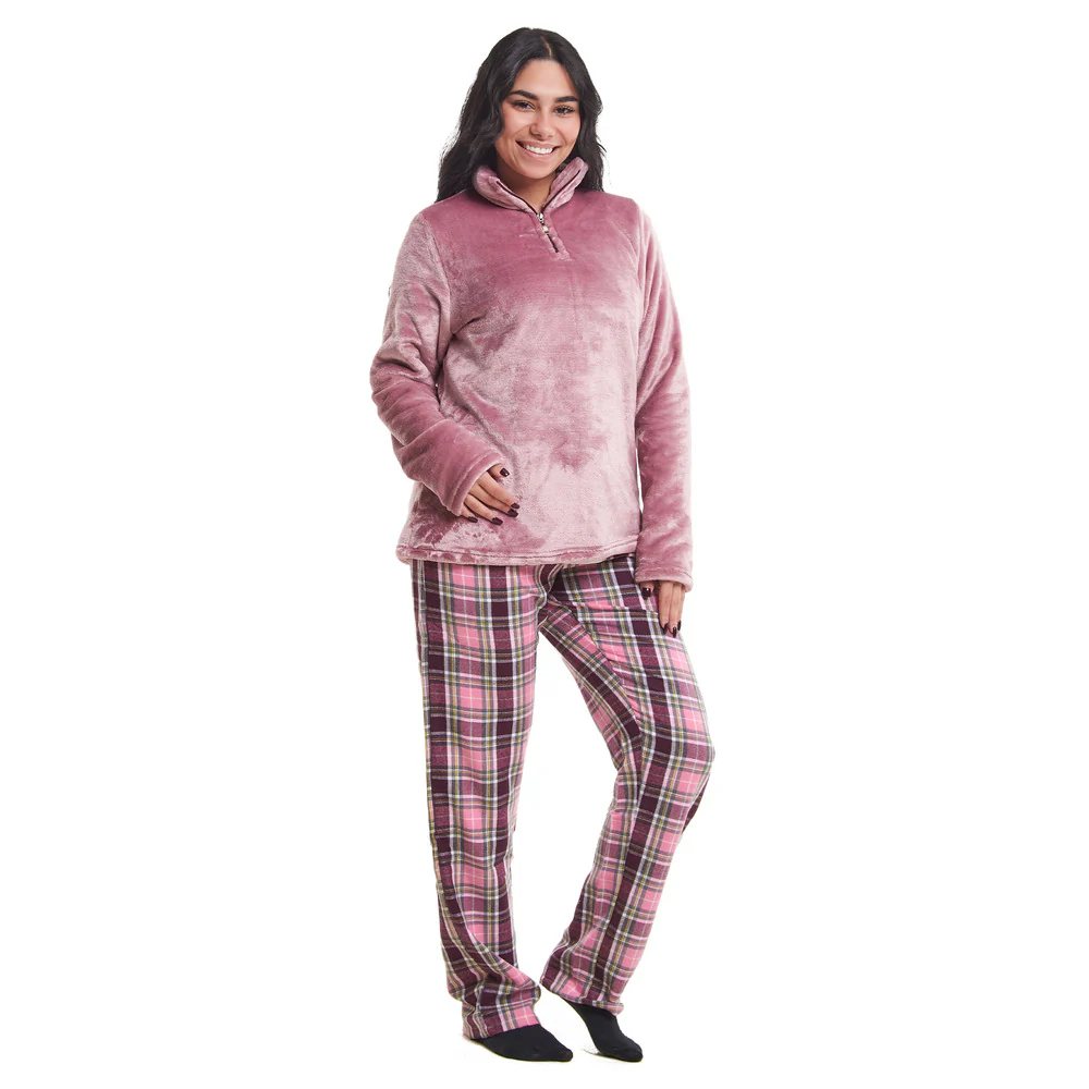 Women Winter Pajama Set Light Mauve Sweatshirt + Dark Purple x Pink Checkered Pants - Image 2