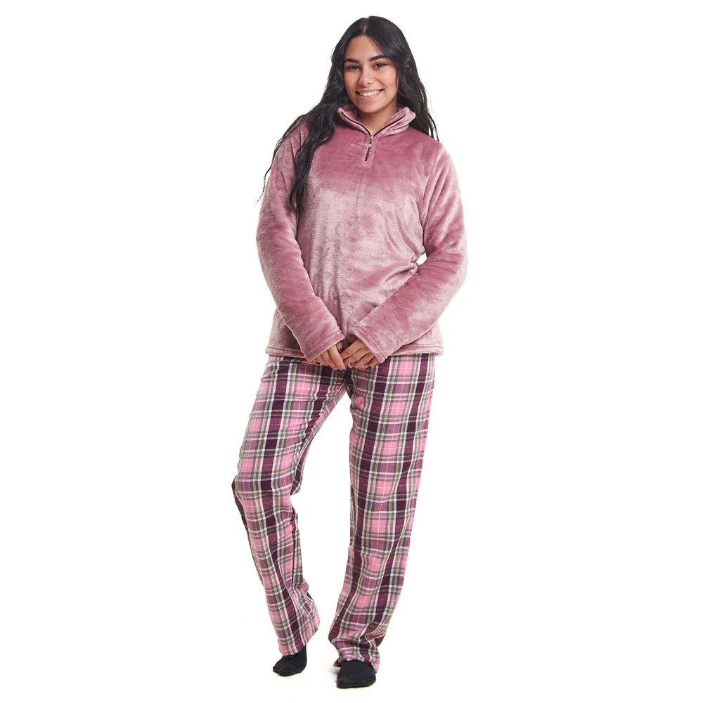 Women Winter Pajama Set Light Mauve Sweatshirt + Dark Purple x Pink Checkered Pants - Image 5