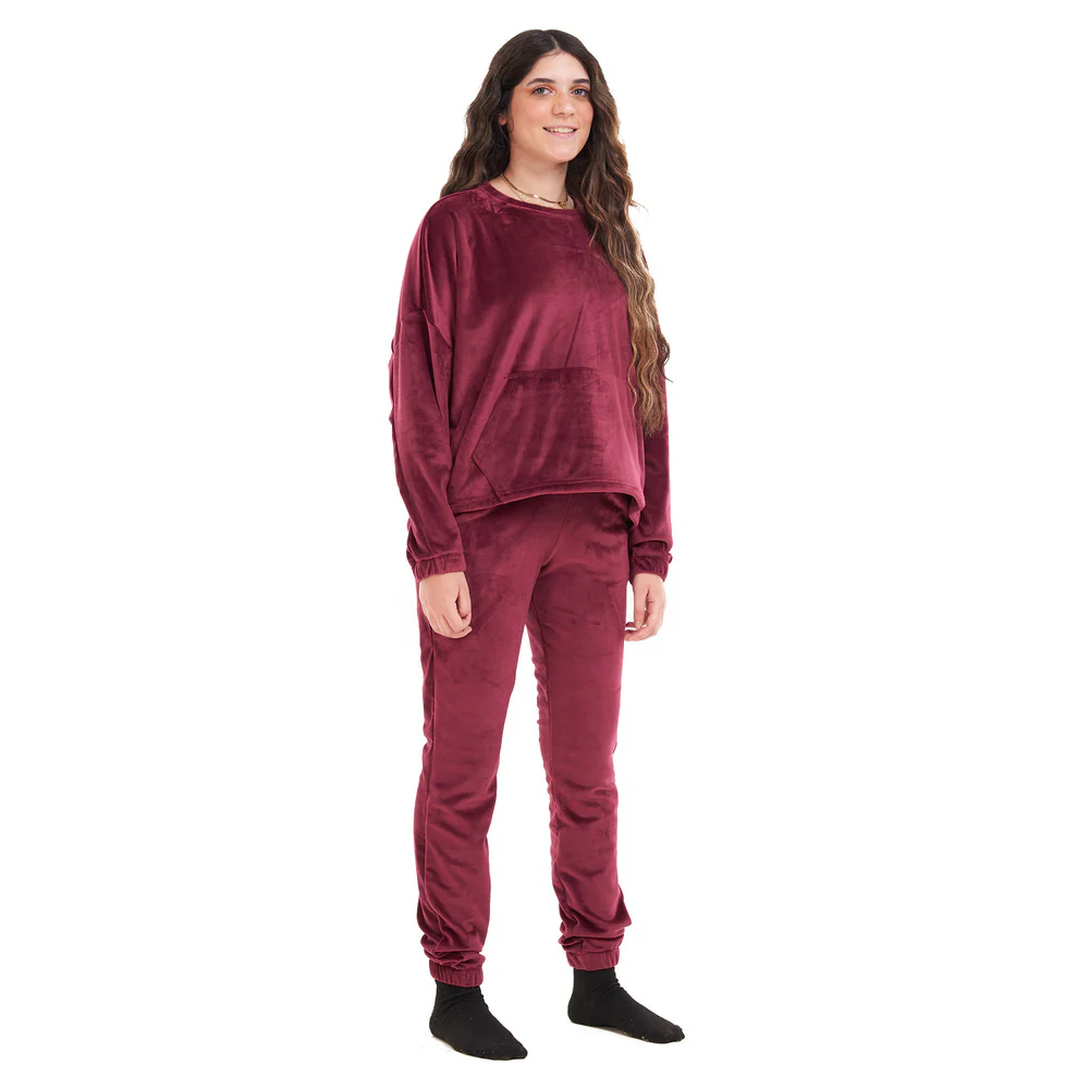 Women Winter Pajama Set Maroon Sweatshirt + Pants - Image 4