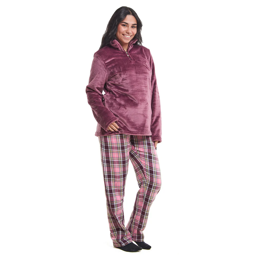 Women Winter Pajama Set Mauve Sweatshirt + Dark Purple x Pink Checkered Pants - Image 2