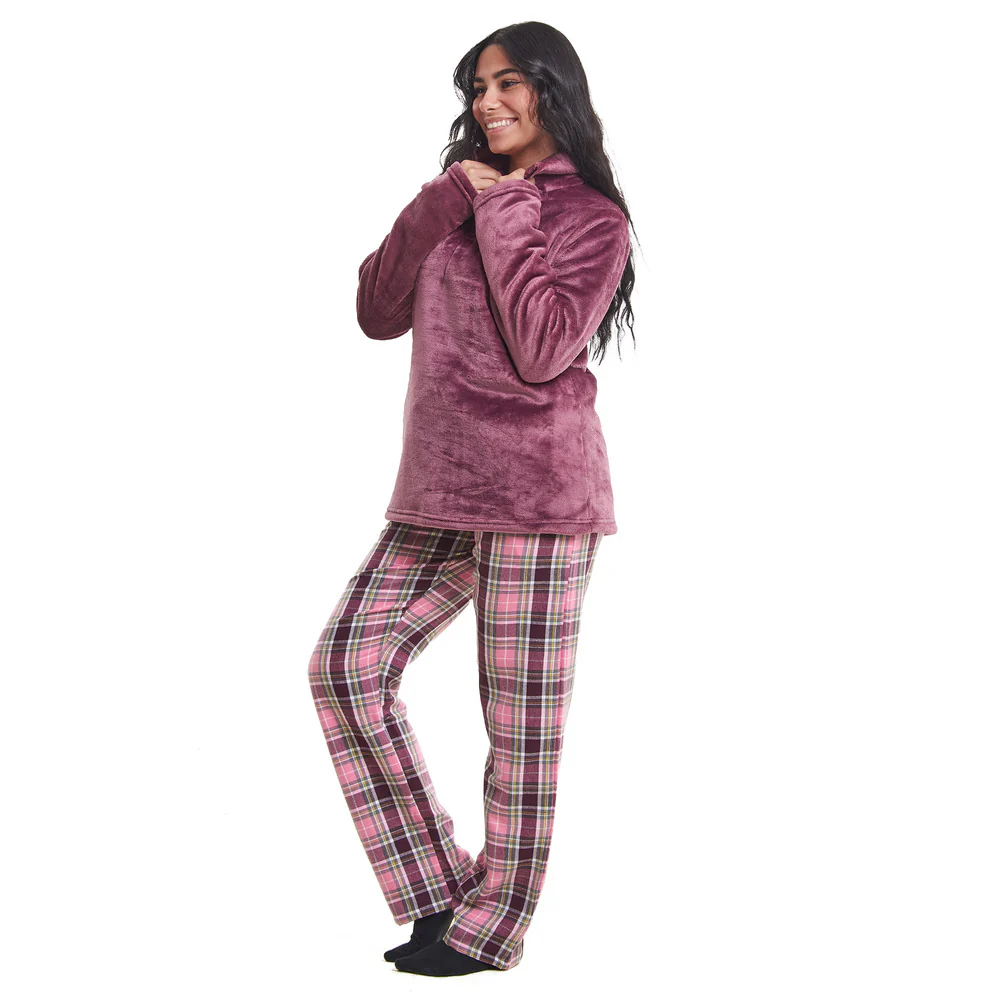 Women Winter Pajama Set Mauve Sweatshirt + Dark Purple x Pink Checkered Pants - Image 3
